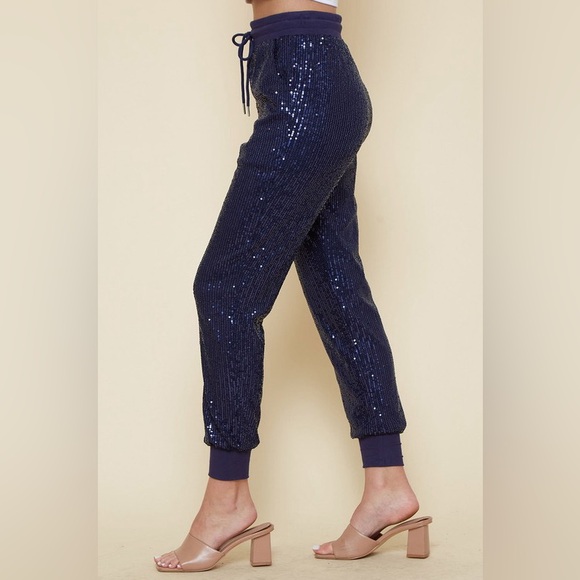 #85 Ritzy Navy Sequin Joggers - Picture 2 of 6